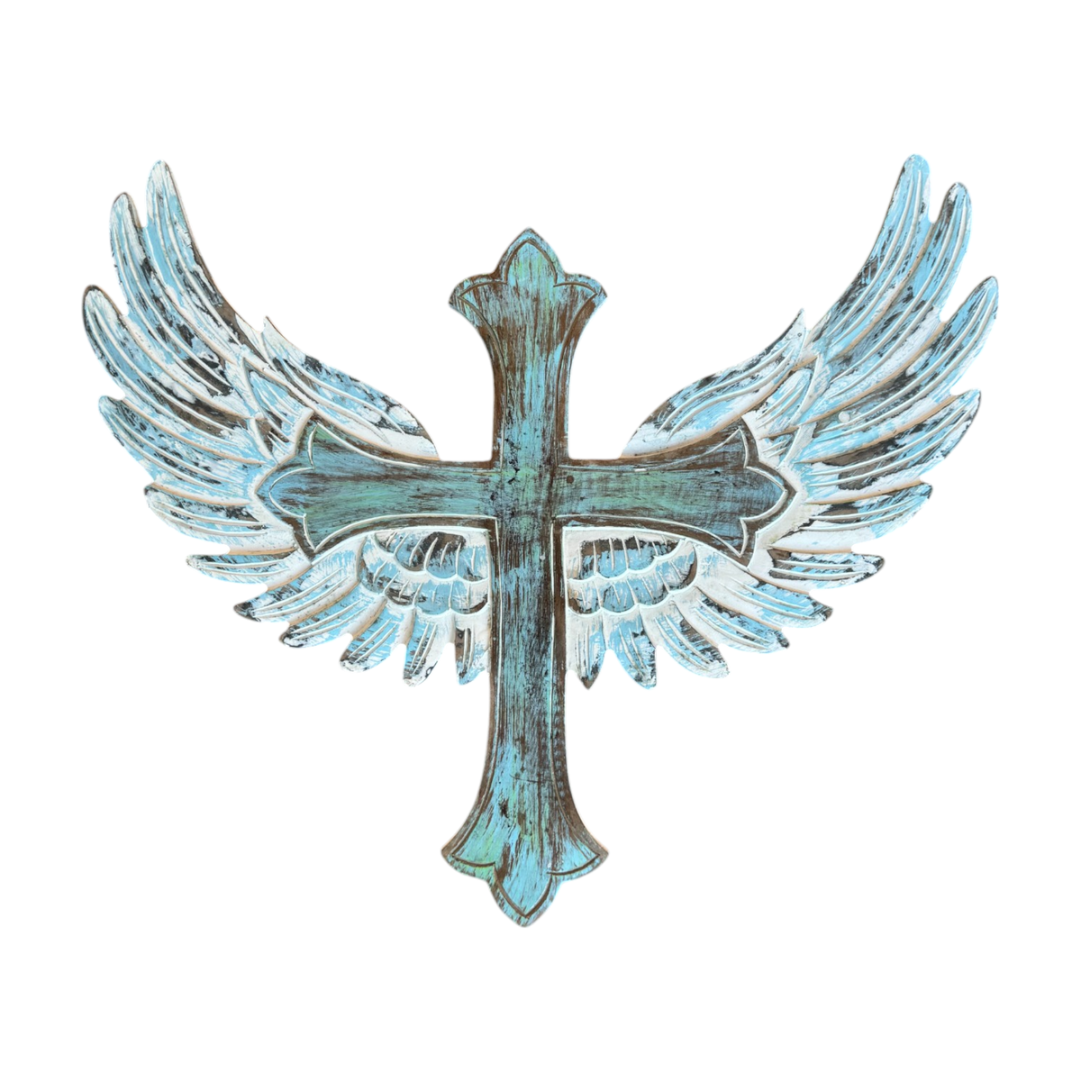 Uriel Carved Wood Cross with Angel Wings Wall Decor