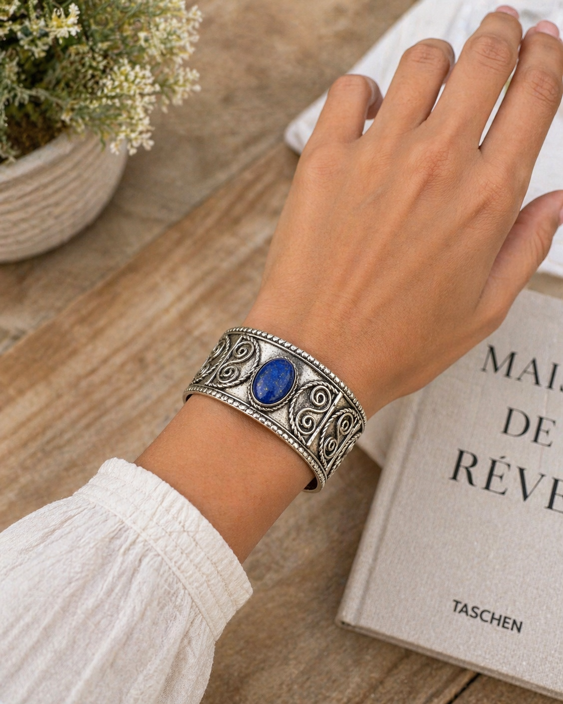 Handcrafted Kashi Antique Silver Cuff with Lapis