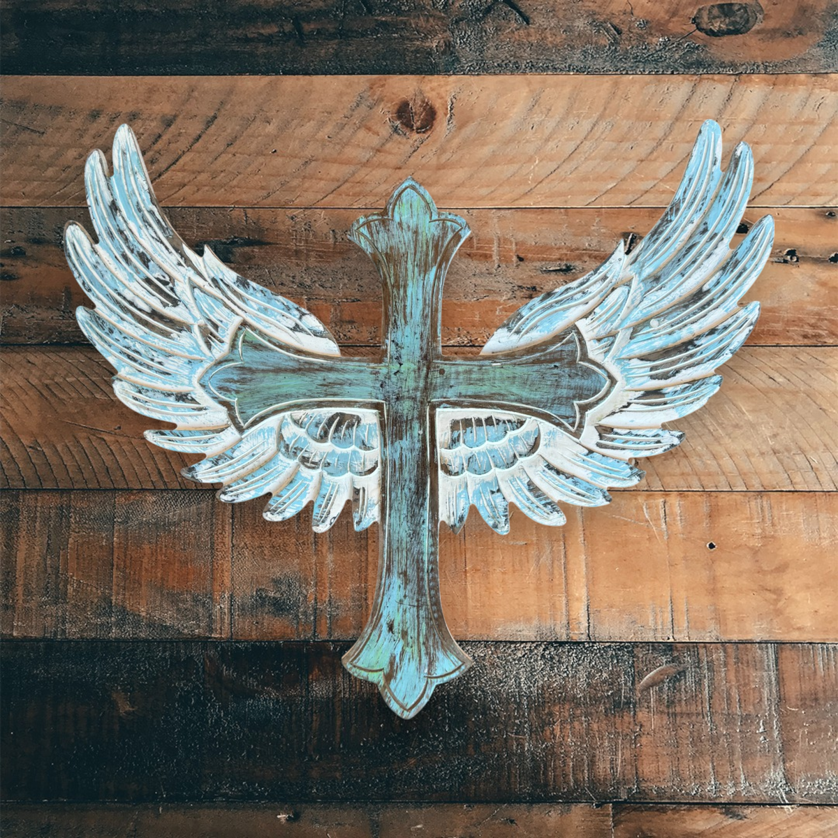 Uriel Carved Wood Cross with Angel Wings Wall Decor