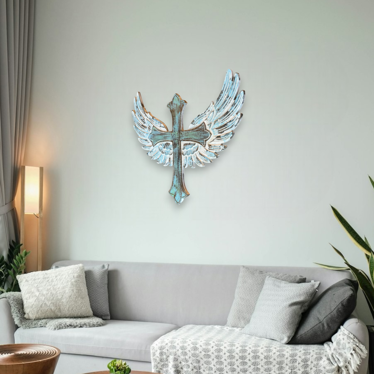 Uriel Carved Wood Cross with Angel Wings Wall Decor