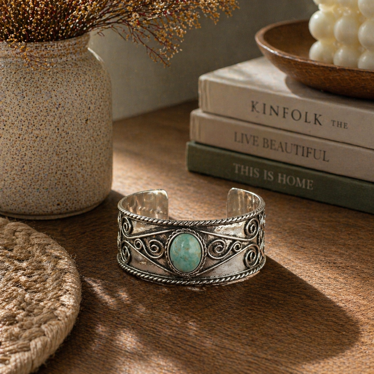 Handcrafted Kashi Antique Silver Cuff with Amazonite
