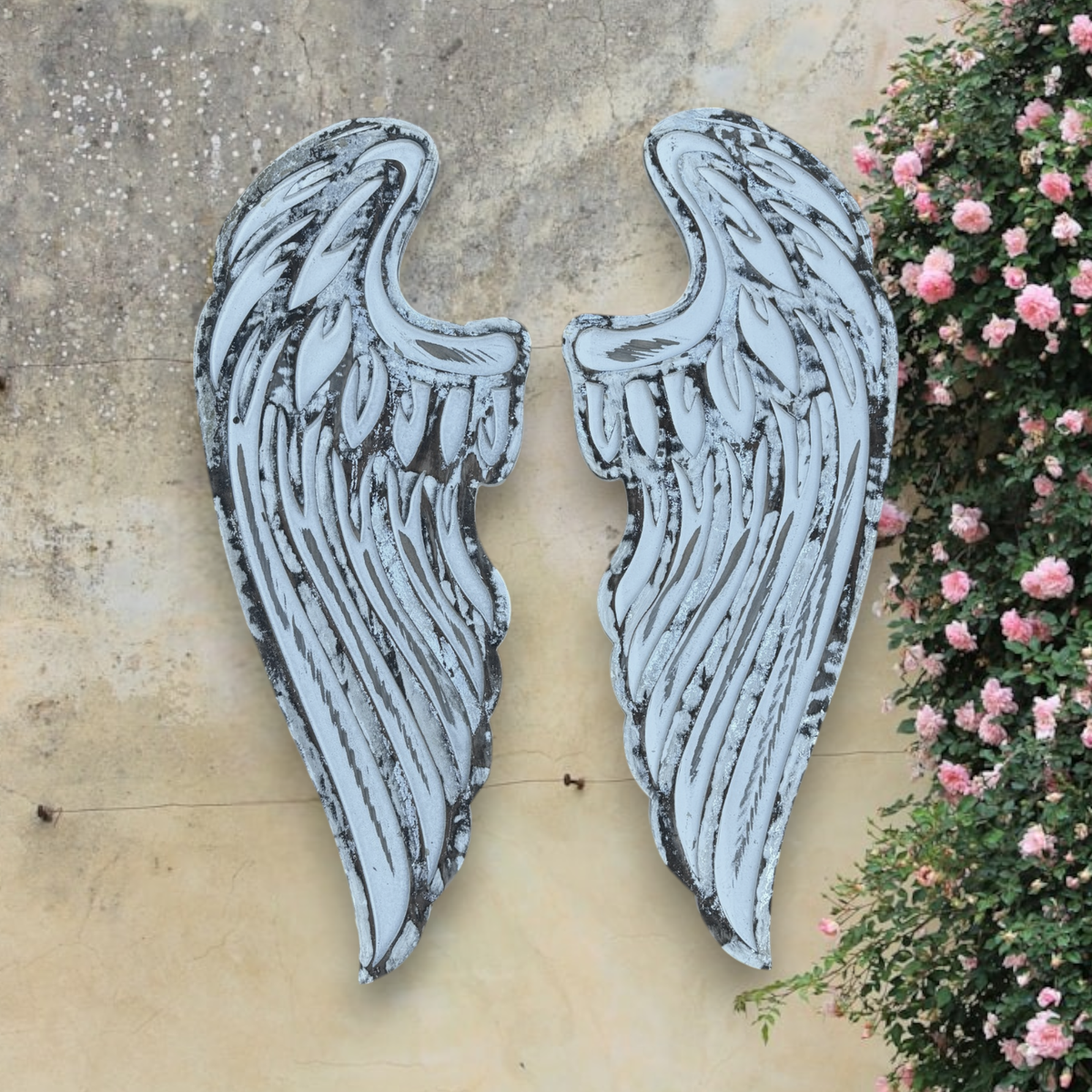 Chamuel Angel Wings-Distressed White Carved Wood Wall Decor