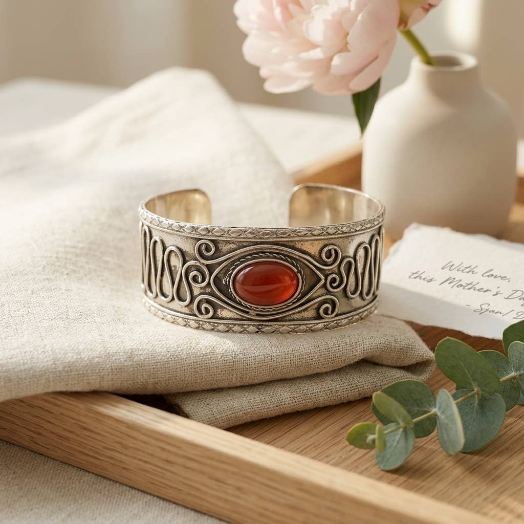 Handcrafted Kashi Antique Silver Cuff with Red Onyx