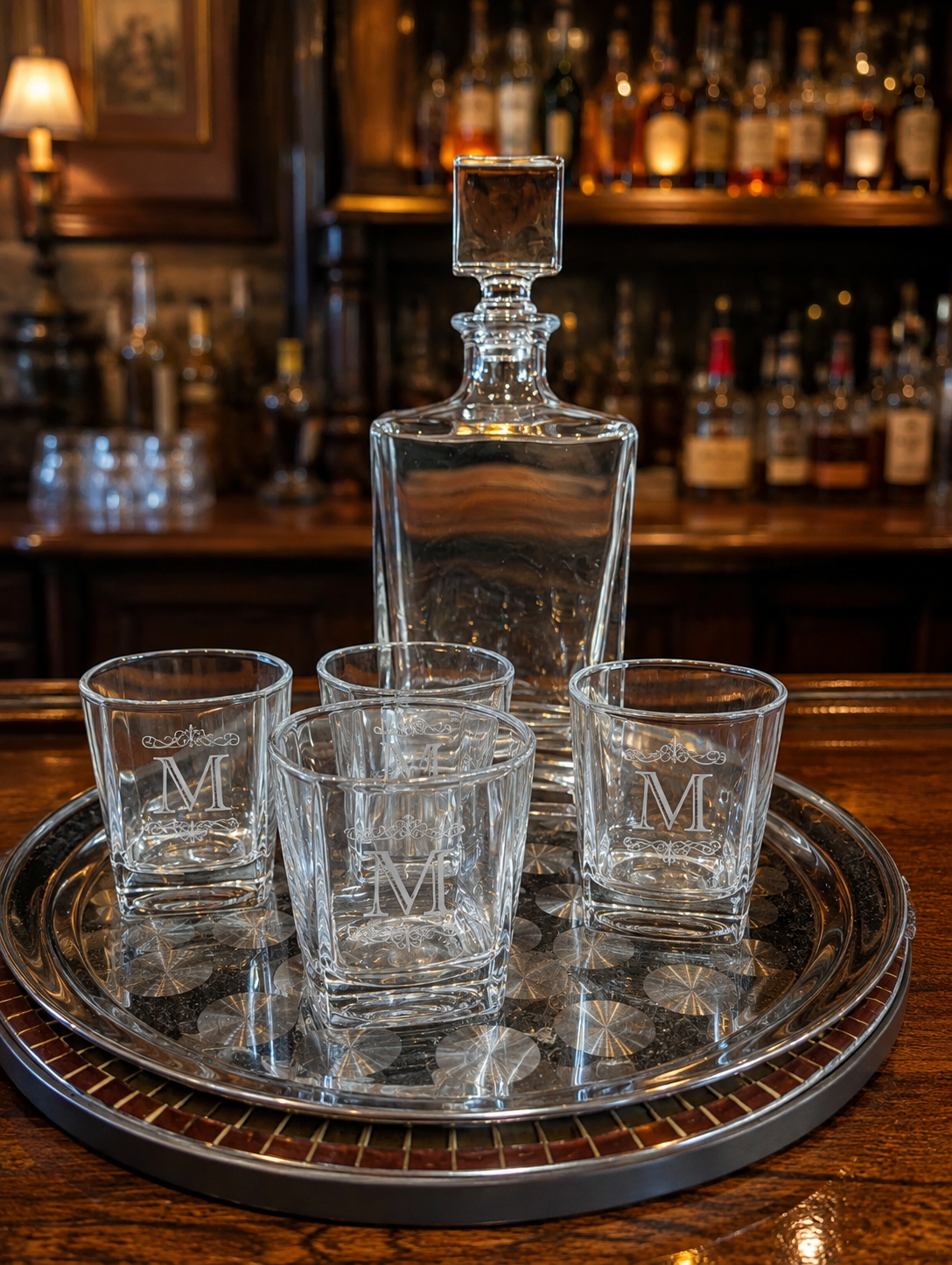 Rectangle Glass Decanter Set with Four DG351S 8 oz. Glasses in a Black Gift Box