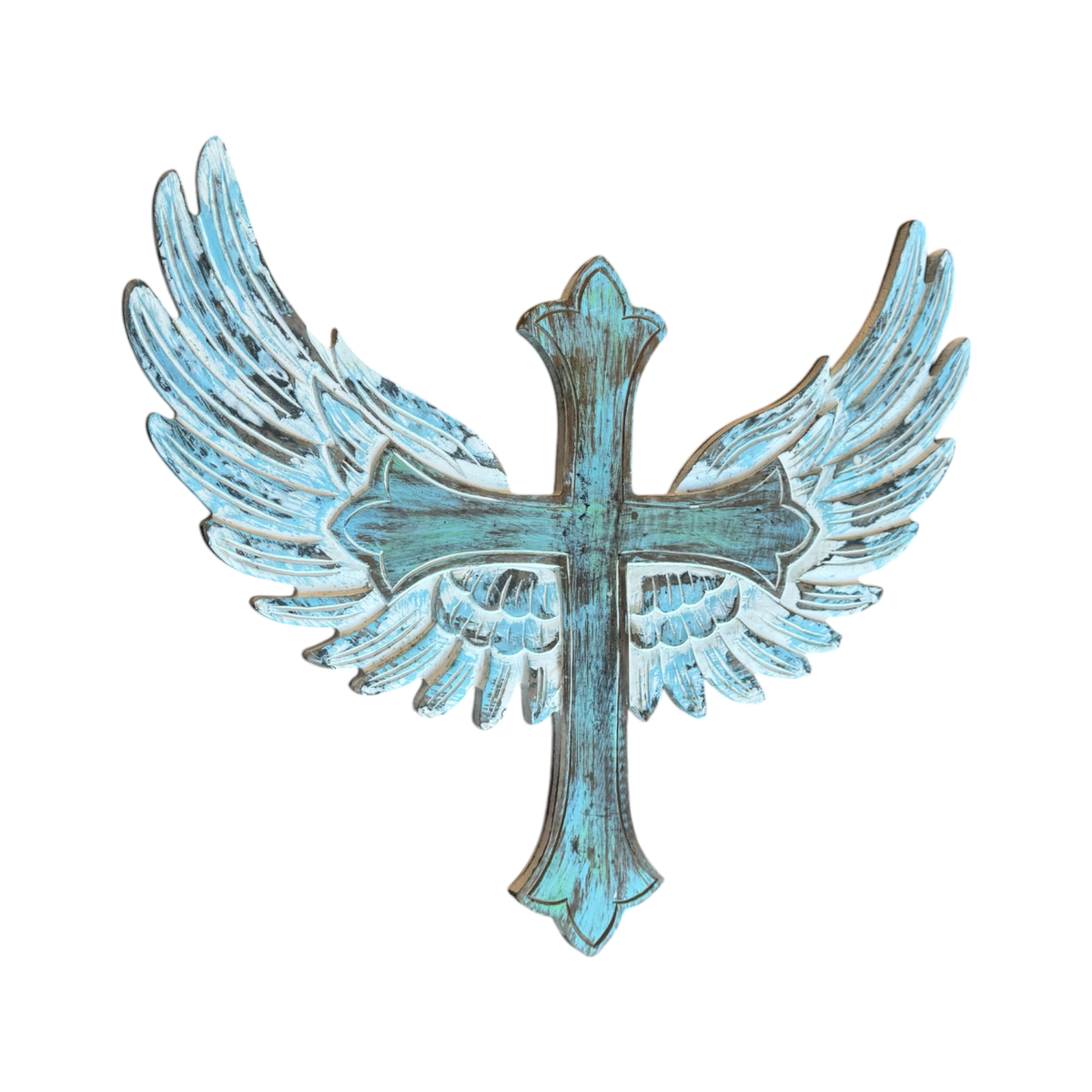 Uriel Carved Wood Cross with Angel Wings Wall Decor