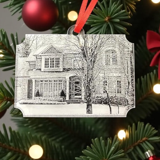 Ornament with a black and white house illustration on a Christmas tree with red and gold decorations.