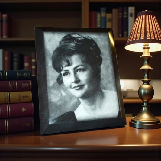 Photo engraved marble plaque with stand on desk in library with photo.