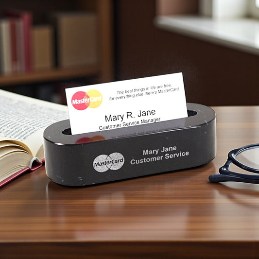 Solid Black Marble Engraved 'Mary R. Jane' and Master Card Logo on a wooden surface.