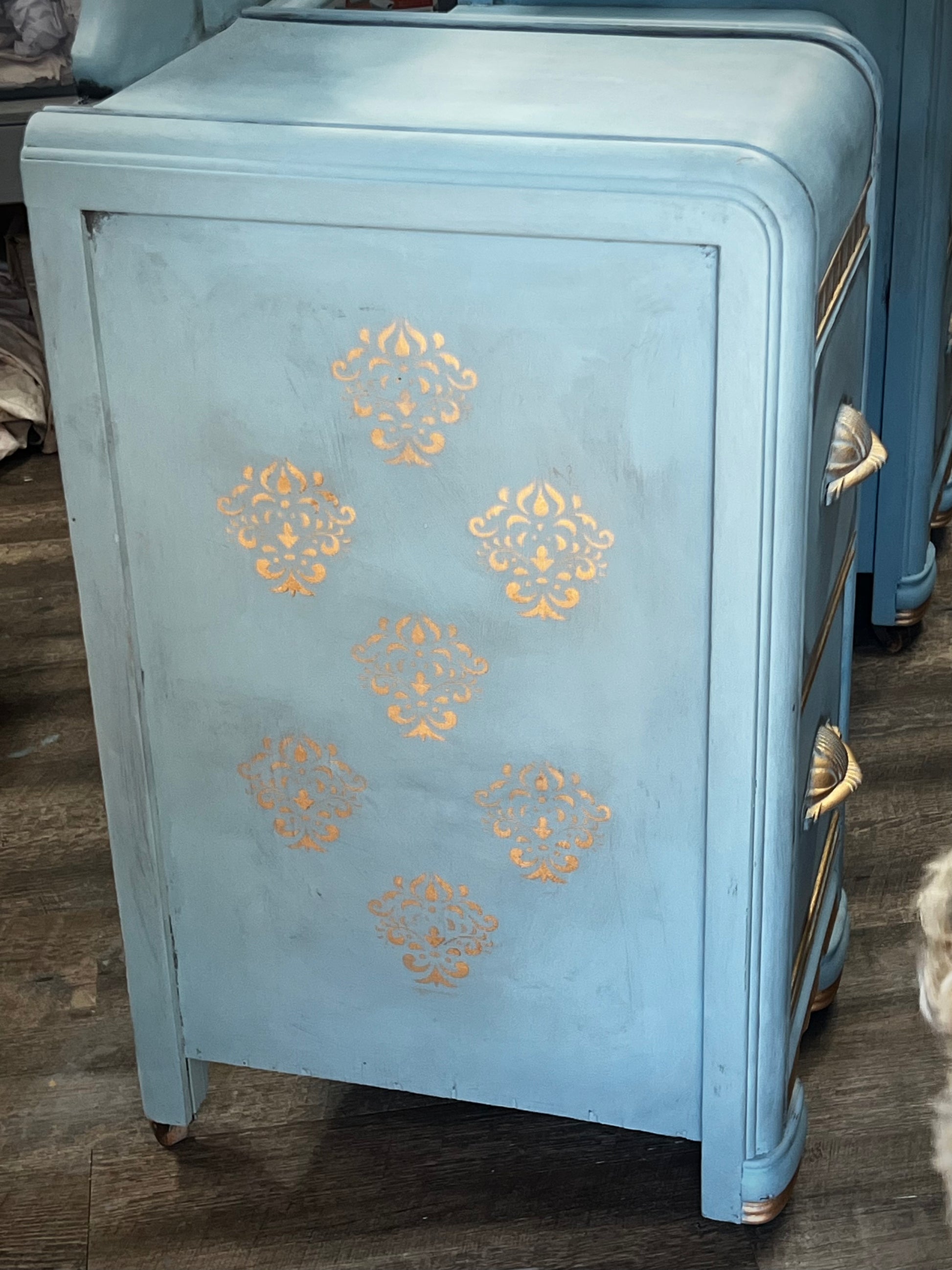 Stunning hand painted vanity dresser redone with Annie Sloan Louis Blue, Clear and Black Wax.Stunning hand painted vanity dresser redone with Annie Sloan Louis Blue, Clear and Black Wax.
