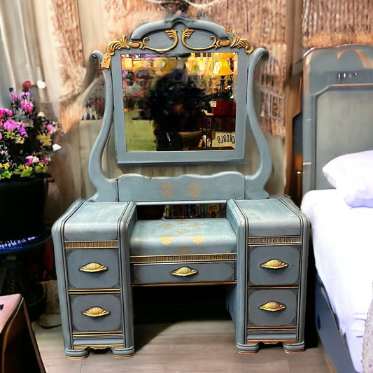 Stunning hand painted vanity dresser redone with Annie Sloan Louis Blue, Clear and Black Wax.