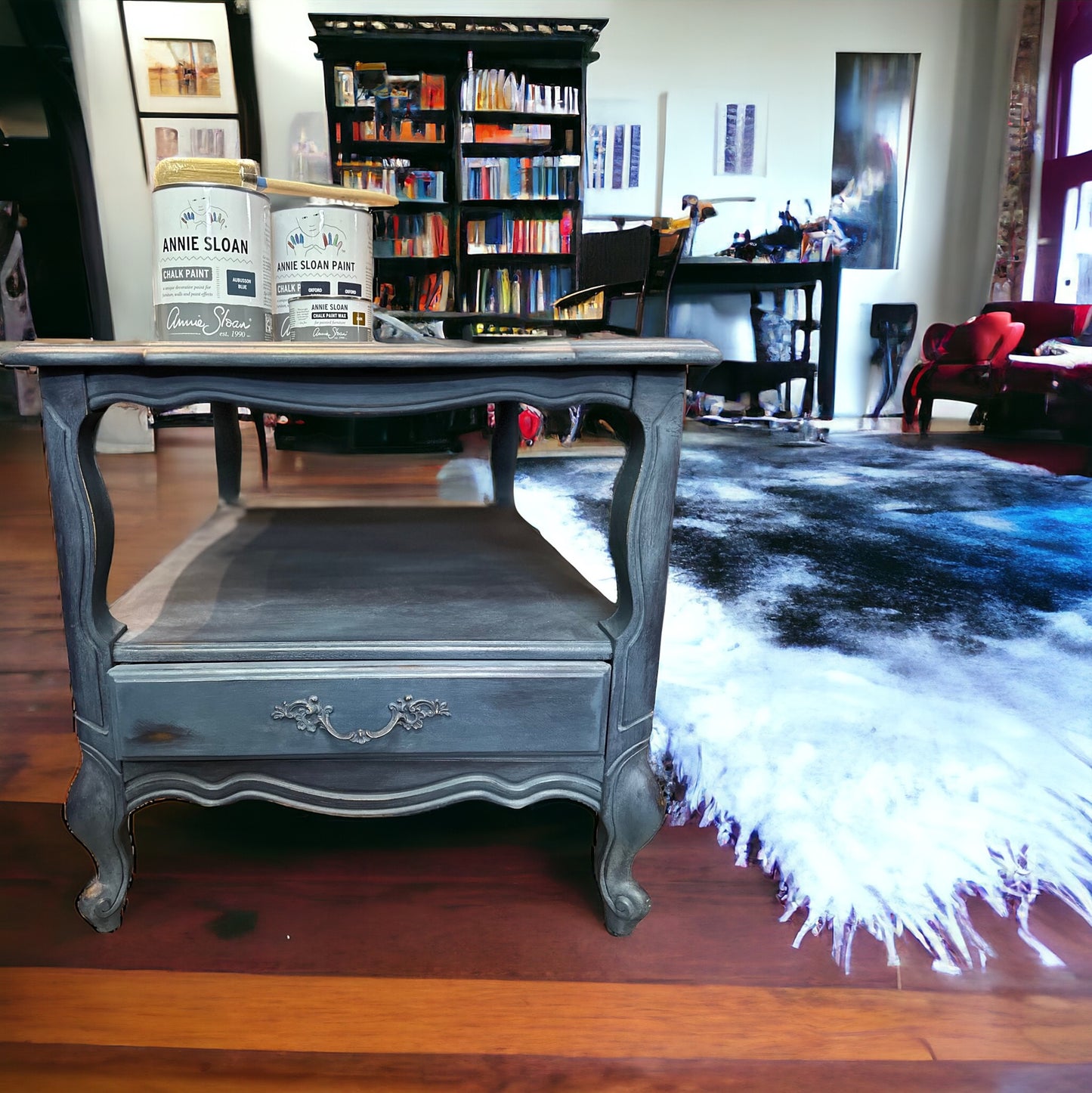 Pair of Solid Wood Side / End Tables Hand Painted in a Gorgeous Denim Blue Like Color