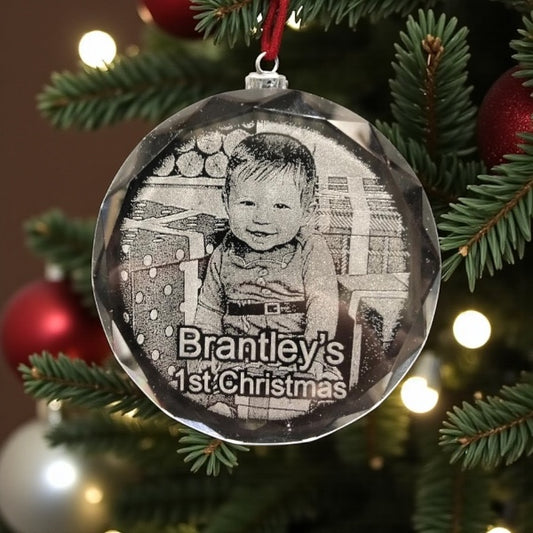 Engraved Crystal Baby's First Christmas Photo Ornament