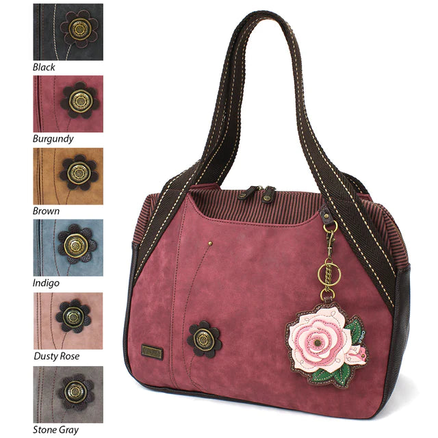 CHALA Dusty Rose Bowling Bag Handbag Purse with Pink Rose
