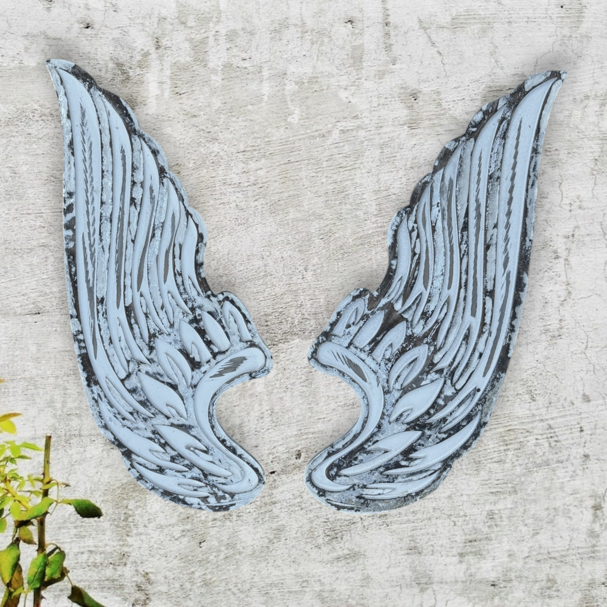 Chamuel Angel Wings-Distressed White Carved Wood Wall Decor
