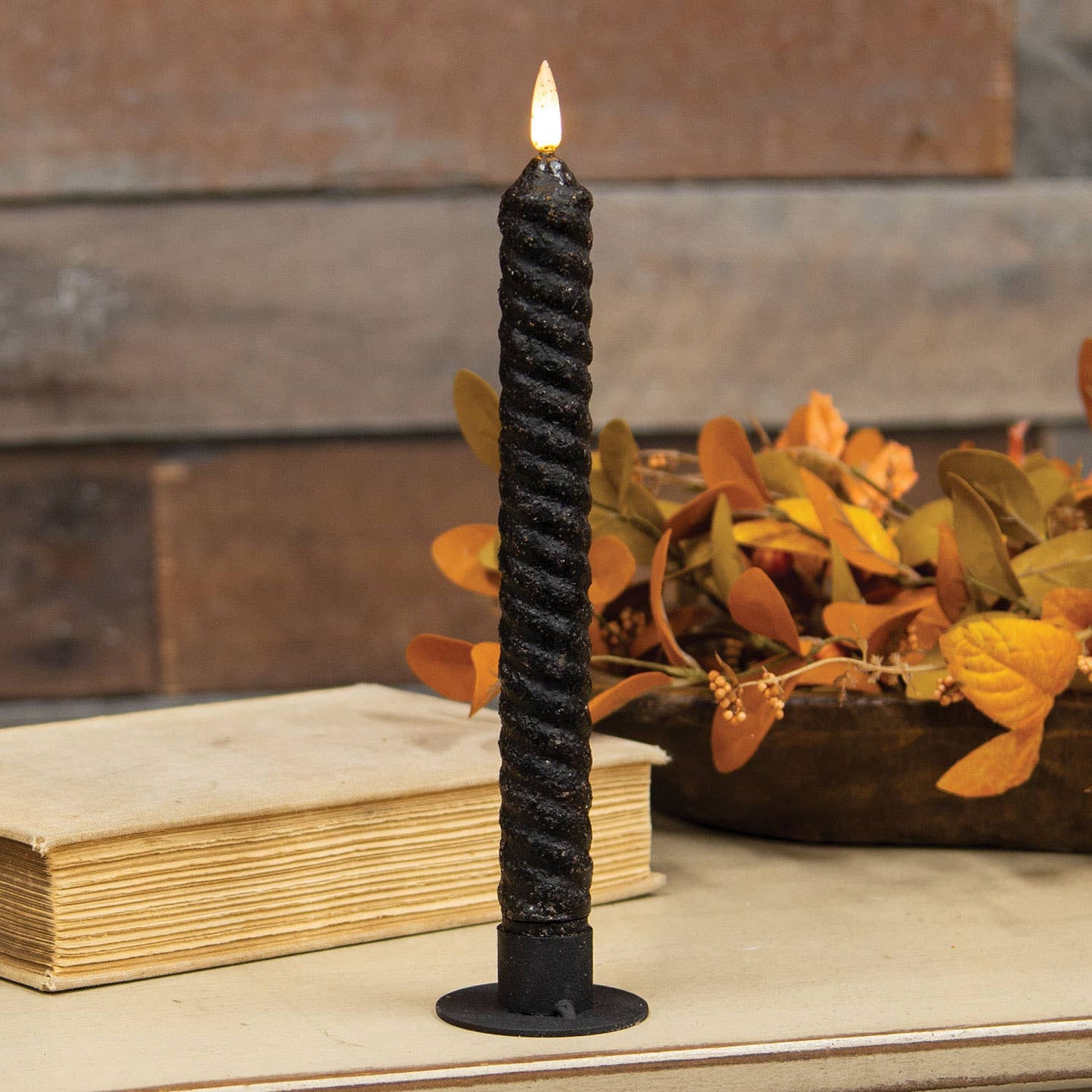 Black Vintage Twist Flicker Flame Timer Taper, 9.5"