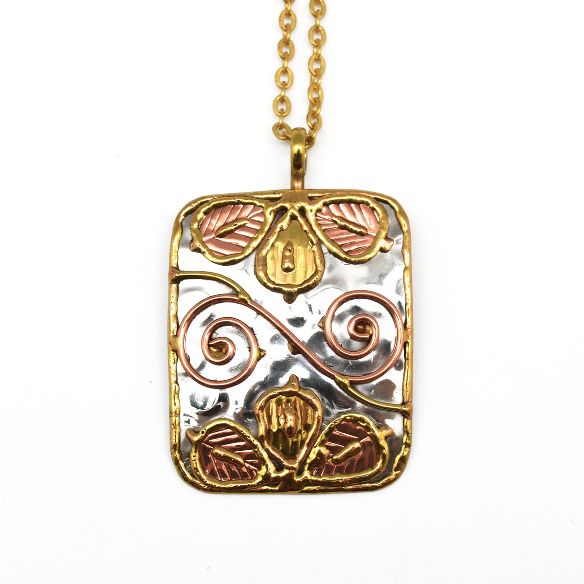 Handmade Mixed Metal leaves in rectangle Necklace