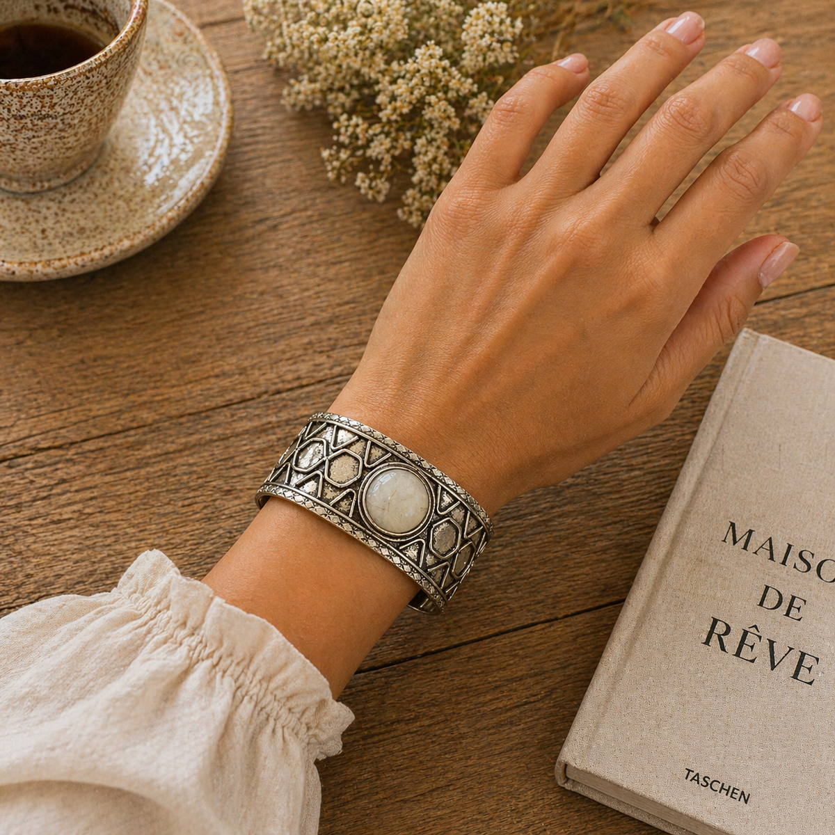 Handcrafted Kashi Antique Silver Cuff with Moonstone