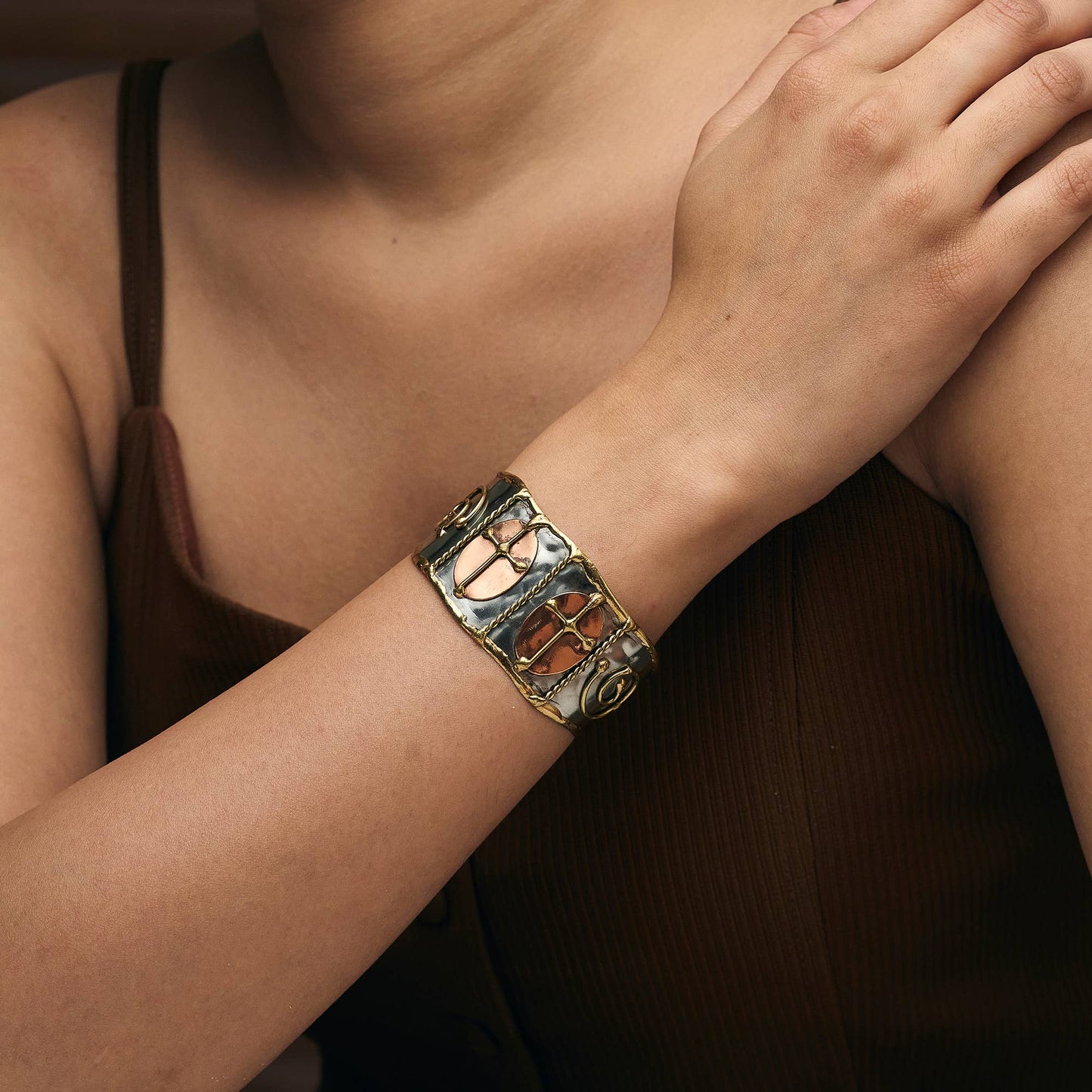Mixed Metal Cuff Bracelet - Crosses in Ovals