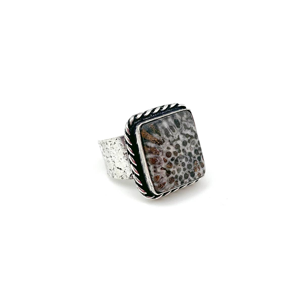 Handcrafted Semiprecious Stone Ring - Black Fossil Coral