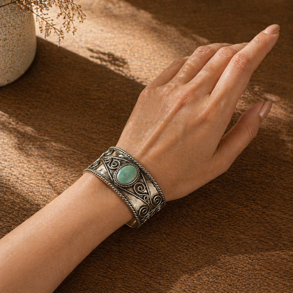 Handcrafted Kashi Antique Silver Cuff with Amazonite