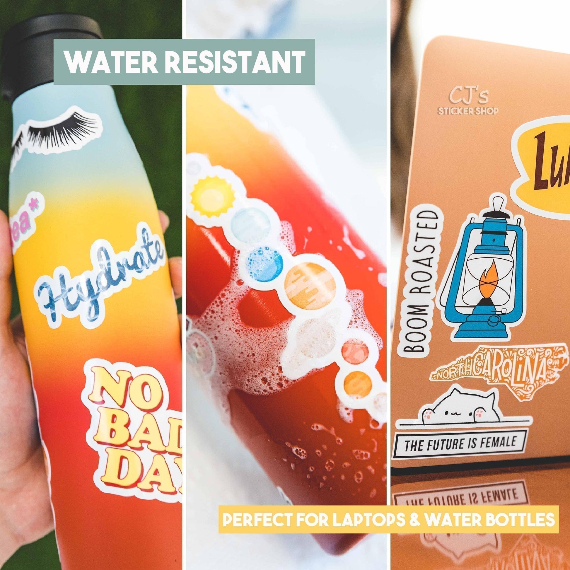 Collage of water bottles with stickers and text, including 'Water Resistant' and 'Perfect for Laptops & Water Bottles'.