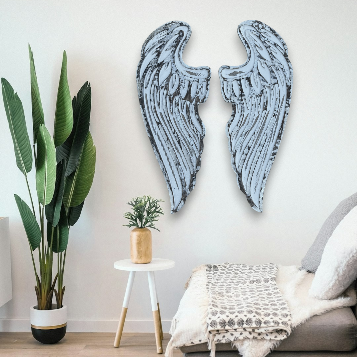Chamuel Angel Wings-Distressed White Carved Wood Wall Decor