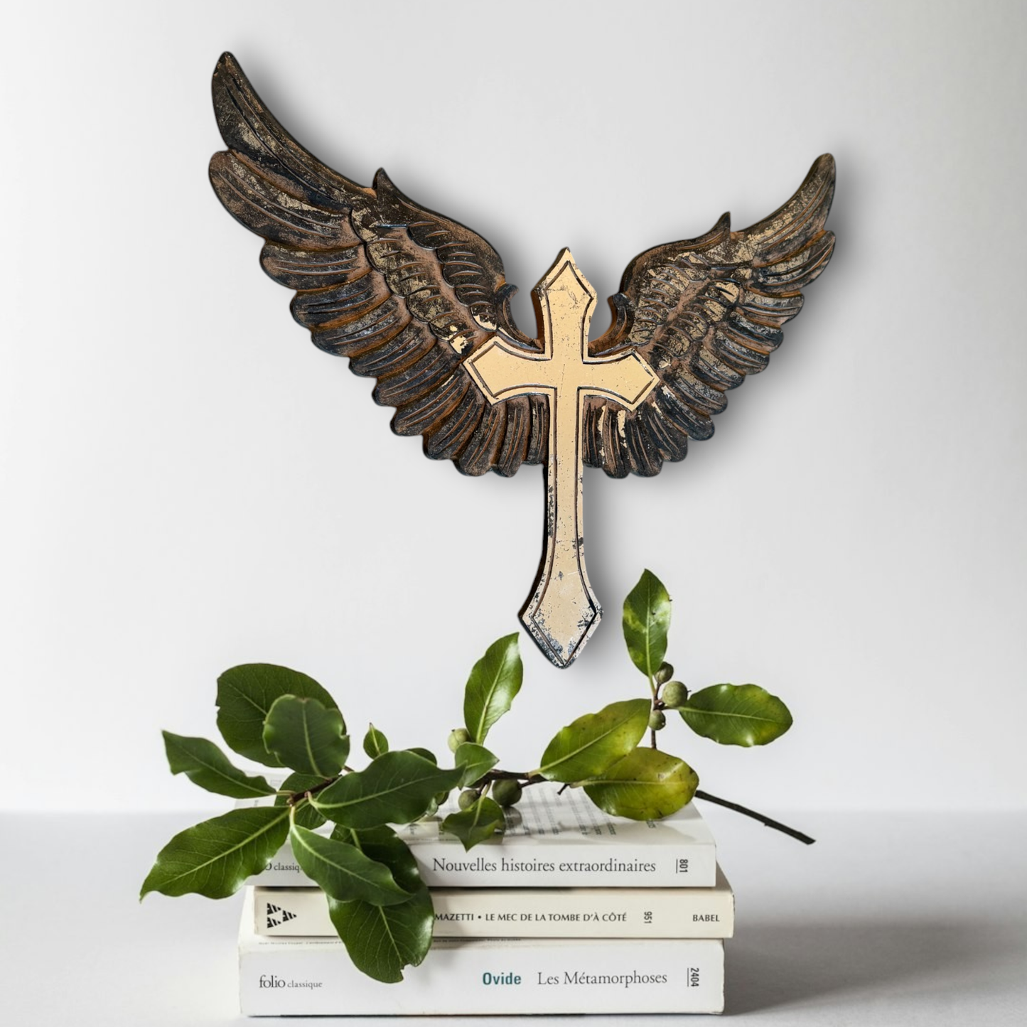 Jophiel Carved Wood Cross with Angel Wings Wall Decor