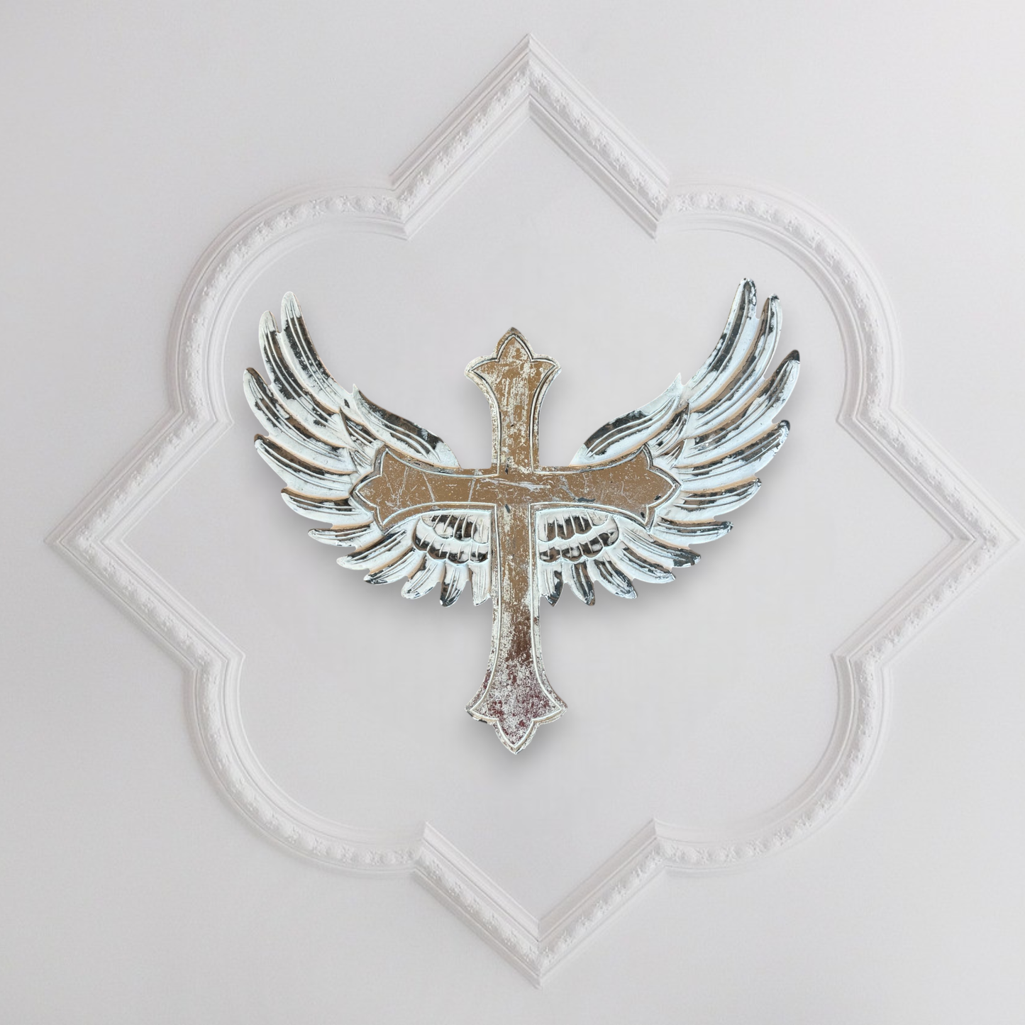 St. Michael Carved Wood Cross with Angel Wings Wall Decor