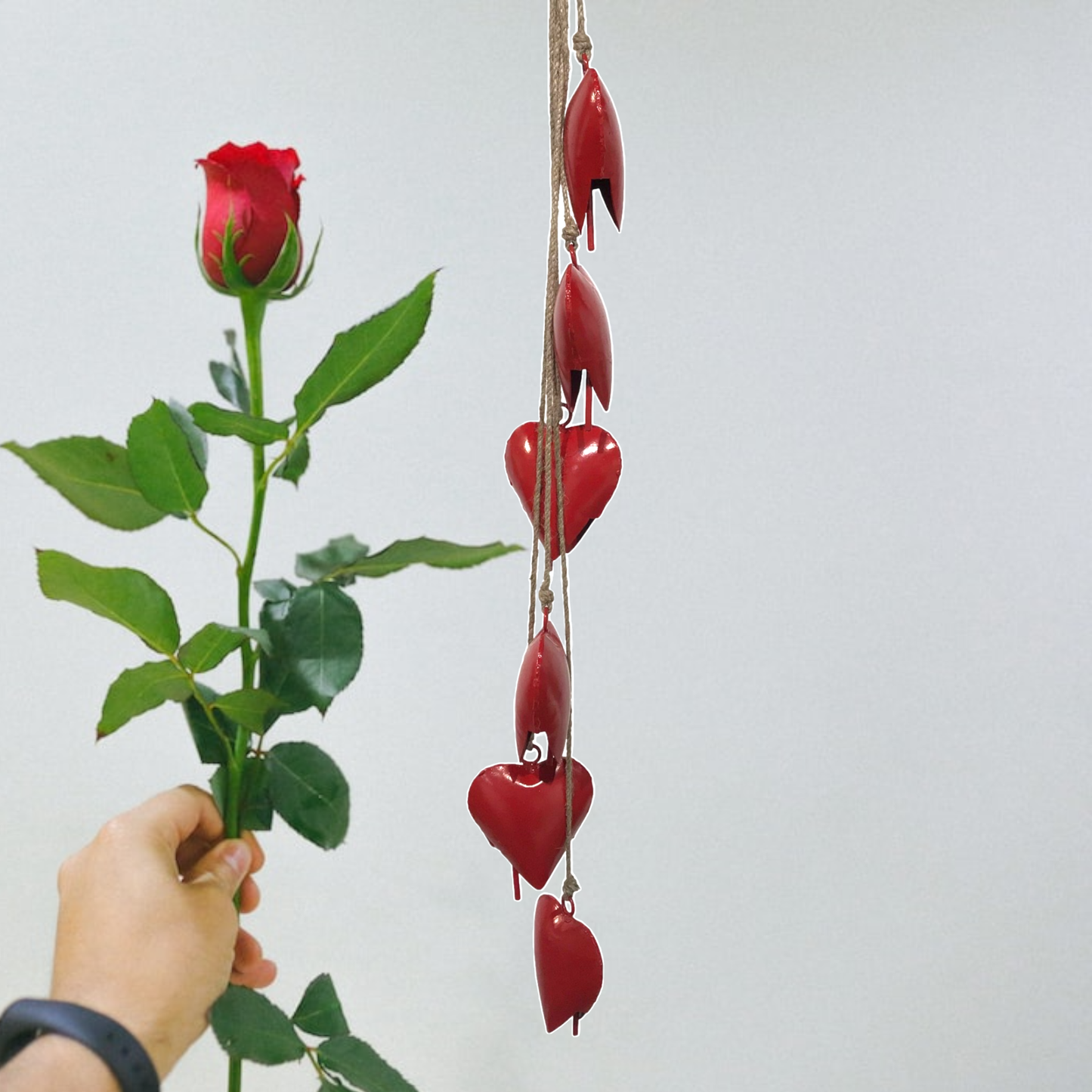 Six Piece Valentine's Heart Bell Chime Pendant on Jute Rope