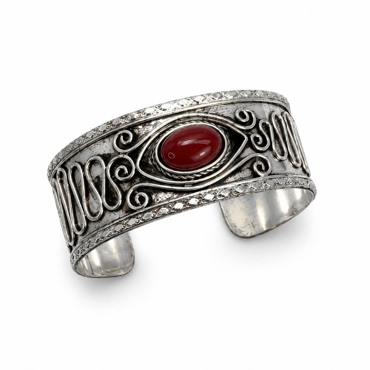 Handcrafted Kashi Antique Silver Cuff with Red Onyx