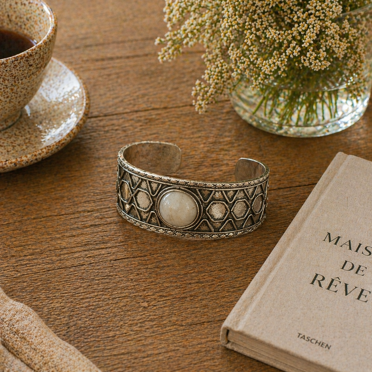 Handcrafted Kashi Antique Silver Cuff with Moonstone