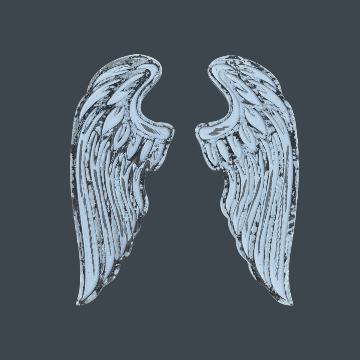 Chamuel Angel Wings-Distressed White Carved Wood Wall Decor