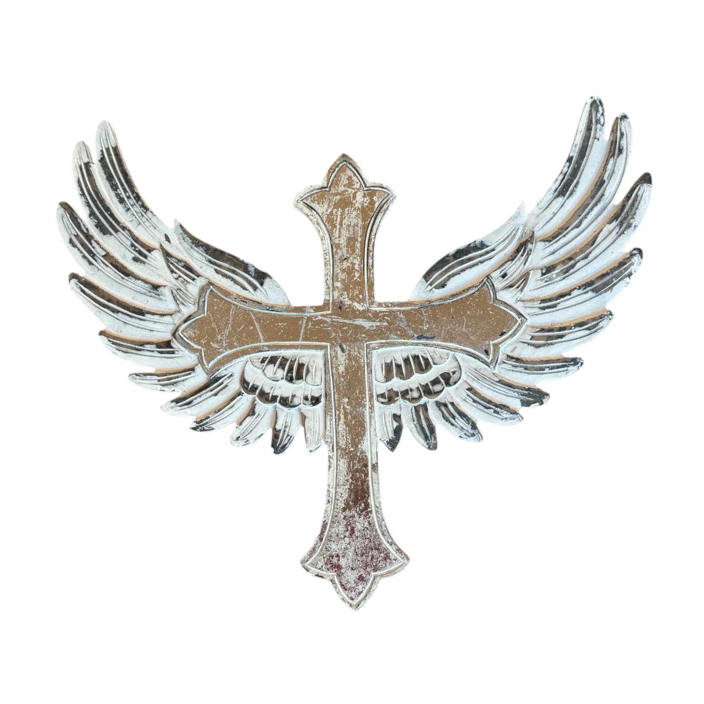 St. Michael Carved Wood Cross with Angel Wings Wall Decor