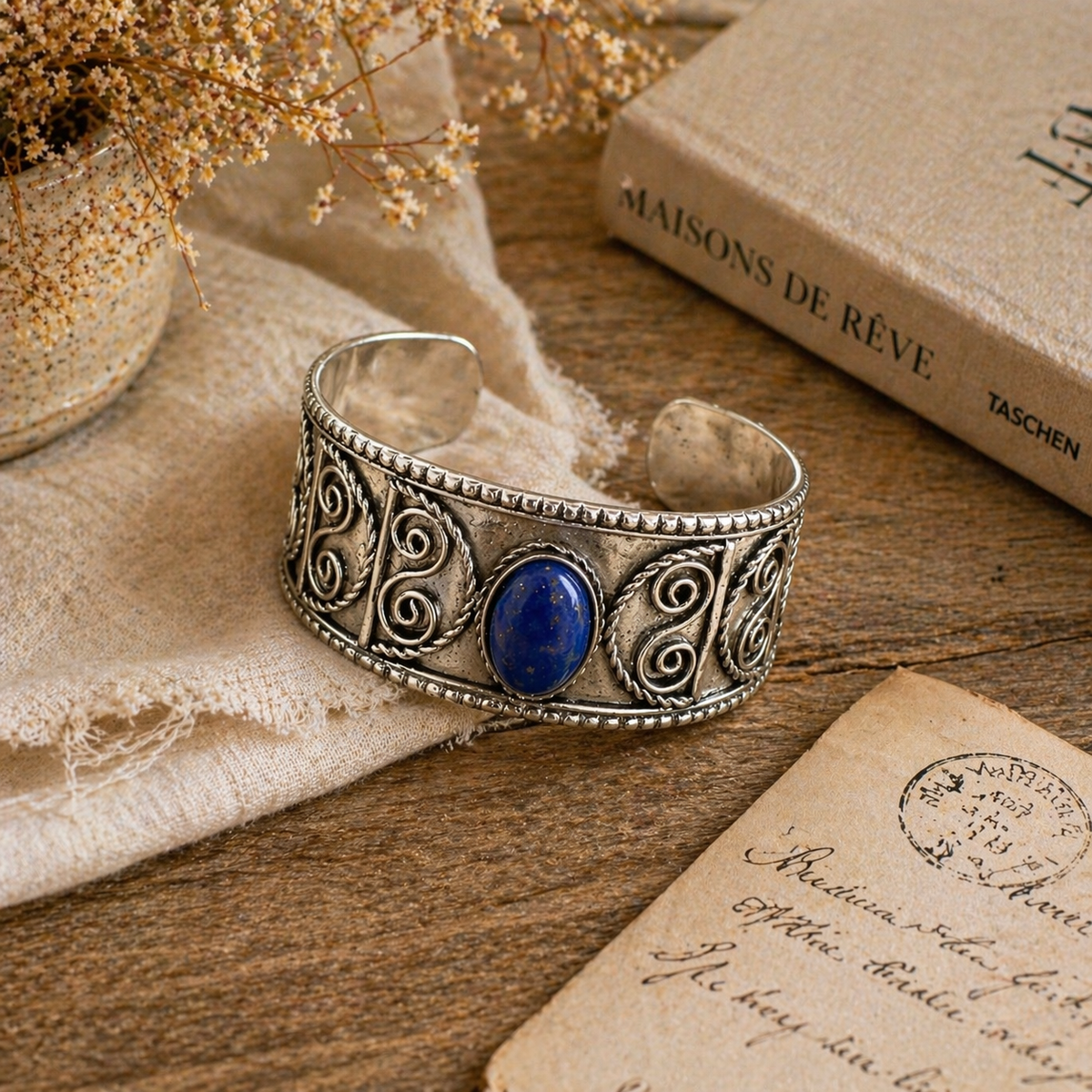 Handcrafted Kashi Antique Silver Cuff with Lapis