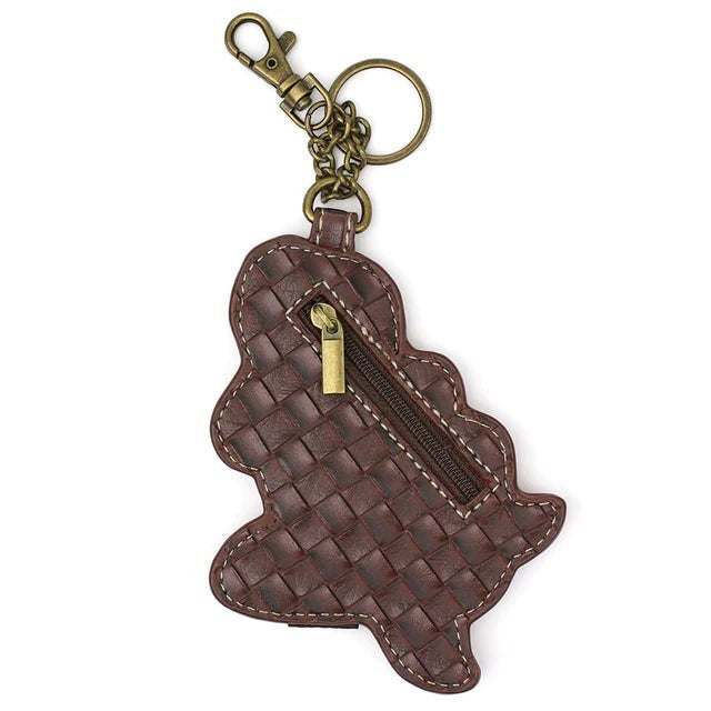 CHALA mermaid-shaped vegan leather key fob in dark brown with woven texture and antique bronze zipper.