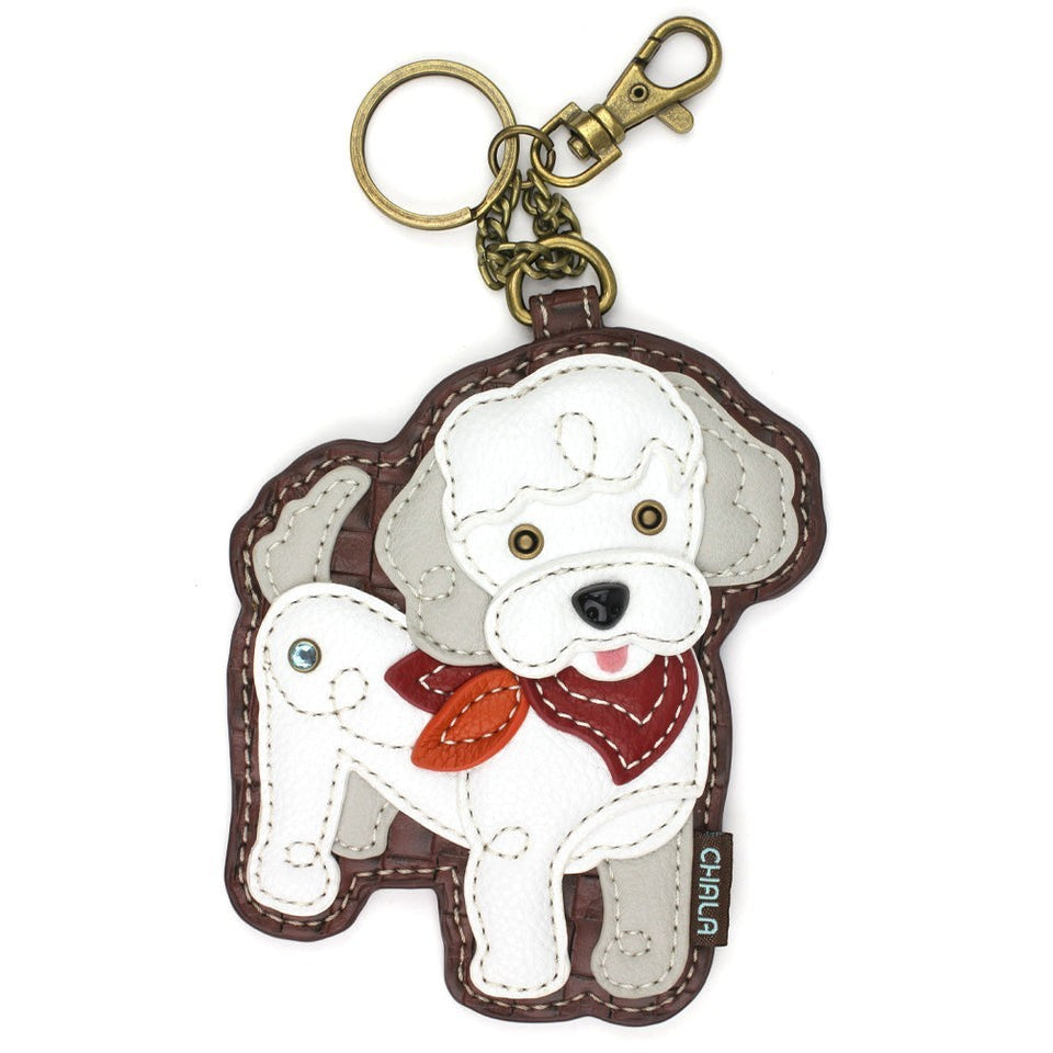 Enchanted Memories, Custom Engraving & Unique Gifts CHALA Poodle Key Fob, vegan leather purse charm with red bandana detail and antique bronze hardware.