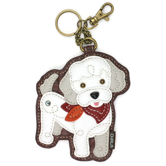 Enchanted Memories, Custom Engraving & Unique Gifts CHALA Poodle Key Fob, vegan leather purse charm with red bandana detail and antique bronze hardware.