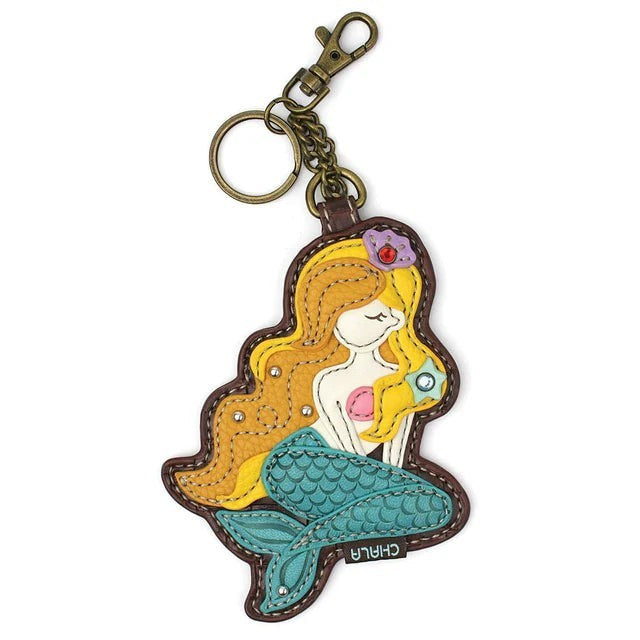 Enchanted Memories, Custom Engraving & Unique Gifts CHALA mermaid keychain made of vegan leather with turquoise tail and blonde hair.