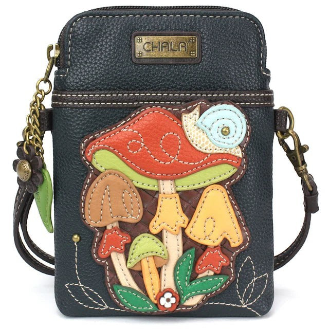 Enchanted Memories, Custom Engraving & Unique Gifts navy vegan leather crossbody cell phone case with mushroom applique and snail detail.