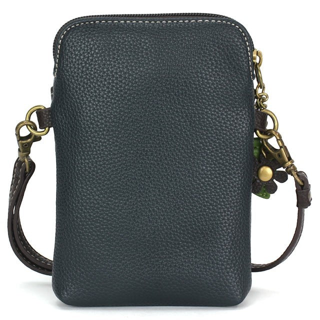 Enchanted Memories, Custom Engraving & Unique Gifts navy vegan leather crossbody cell phone case with mushroom charm and decorative zipper.