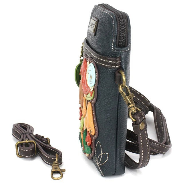 Enchanted Memories, Custom Engraving & Unique Gifts navy vegan leather crossbody cell phone case with mushroom applique and adjustable strap.