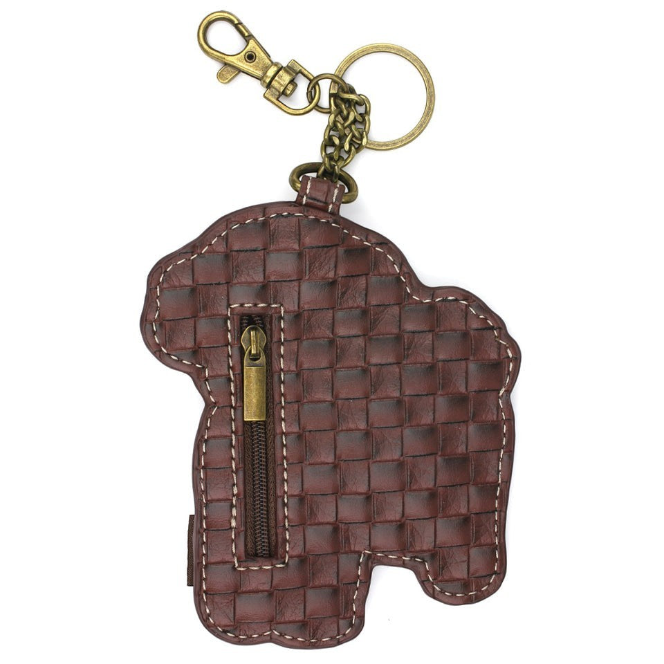 Enchanted Memories, Custom Engraving & Unique Gifts brown woven vegan leather poodle key fob with zipper pocket and antique bronze hardware.