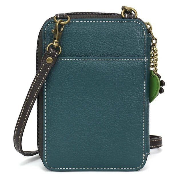 Enchanted Memories, Custom Engraving & Unique Gifts turquoise faux leather crossbody cell phone wallet with hummingbird charm.