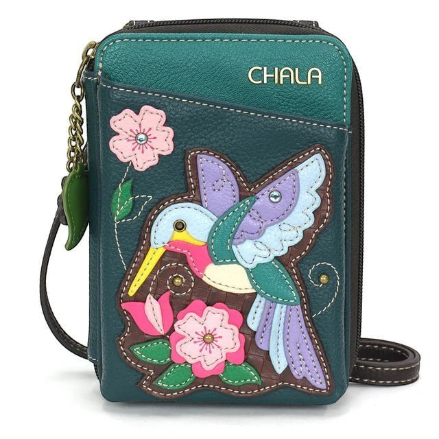 Enchanted Memories, Custom Engraving & Unique Gifts turquoise faux leather crossbody wallet with hummingbird and floral applique.