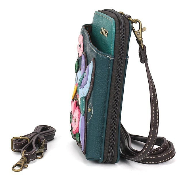 Enchanted Memories, Custom Engraving & Unique Gifts turquoise vegan leather crossbody wallet with hummingbird and floral applique