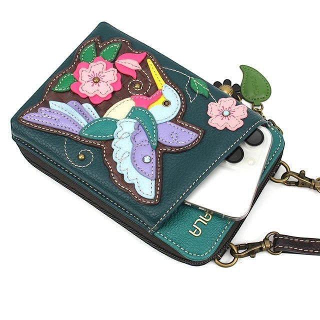 Enchanted Memories, Custom Engraving & Unique Gifts turquoise vegan leather crossbody wallet with hummingbird applique and floral details.