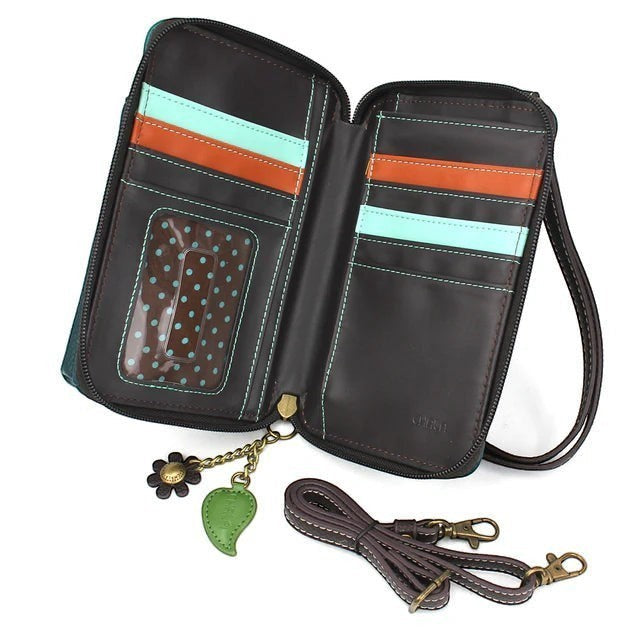 Enchanted Memories, Custom Engraving & Unique Gifts turquoise vegan leather crossbody wallet with hummingbird charm and multiple card slots.