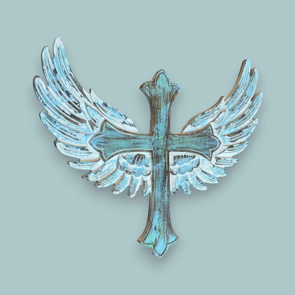 Uriel Carved Wood Cross with Angel Wings Wall Decor