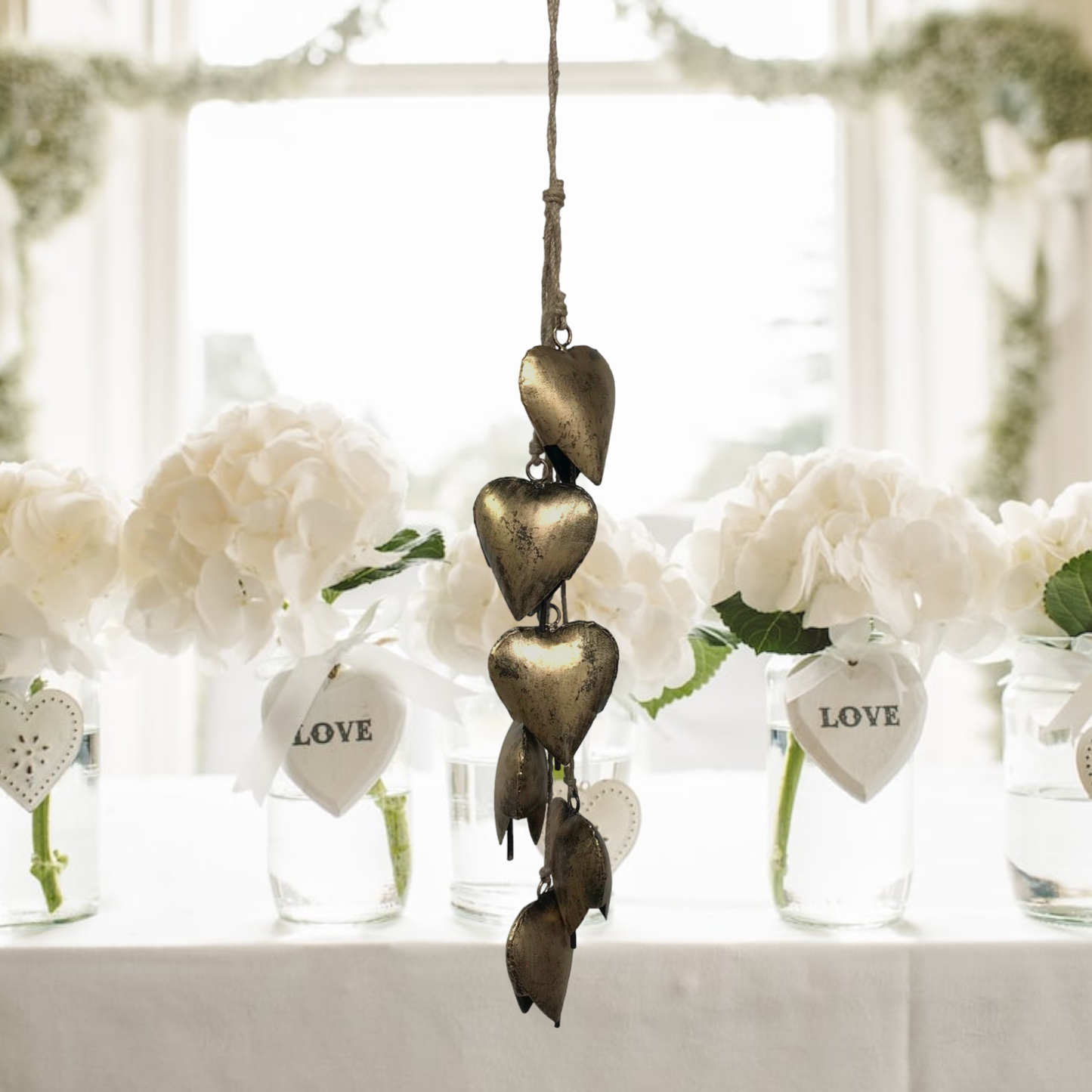 Six Piece Valentine's Heart Bell Chime Pendant on Jute Rope