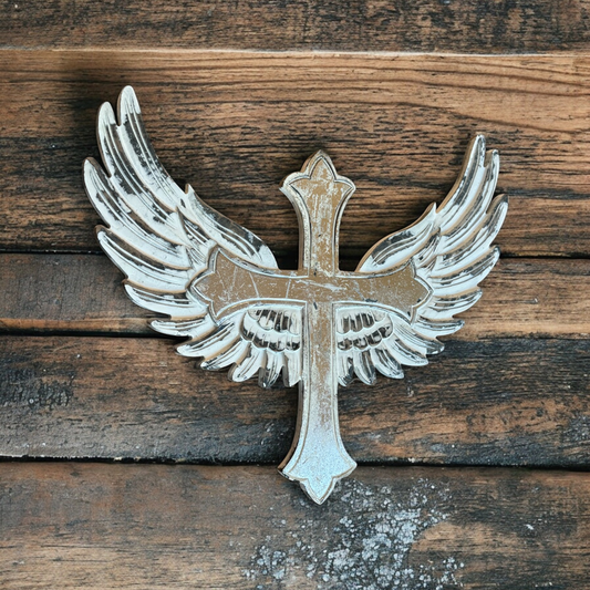 St. Michael Carved Wood Cross with Angel Wings Wall Decor